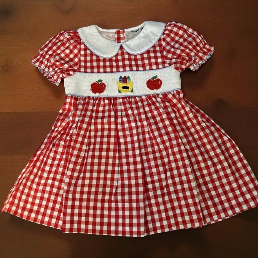 Red and White Gingham Hand Smocked Kids Casual Dress